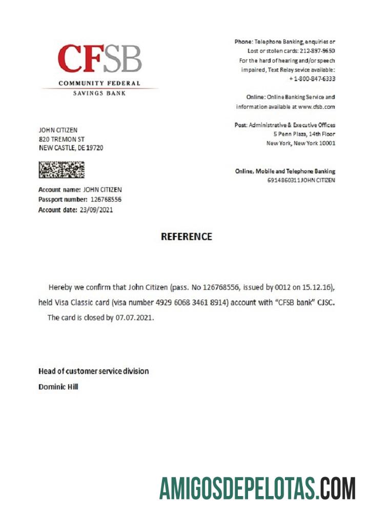 Referência de fechamento do CFSB dos EUA exemplo